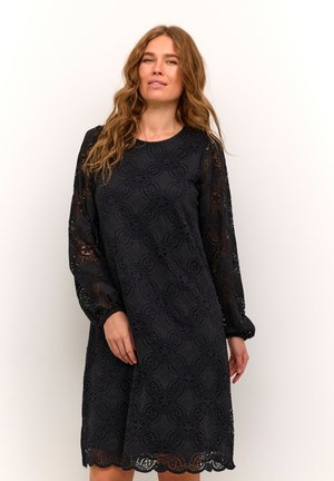 Black lace dress with long sheer sleeves, featuring floral patterns, round neckline, and scalloped hem. Smooth inner lining.