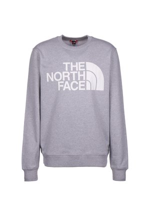 Sweat-shirt gris clair à col rond avec manches longues, arborant le logo "THE NORTH FACE" et un arc en grand texte blanc sur le devant.