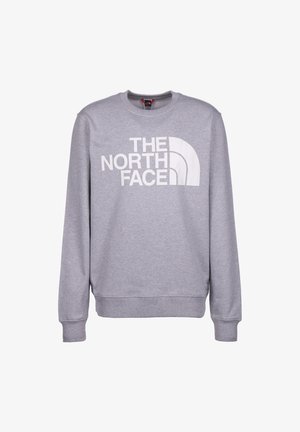Lichtgrijze sweater met ronde hals en lange mouwen, met het logo en boogontwerp van "THE NORTH FACE" in grote witte letters op de voorkant.