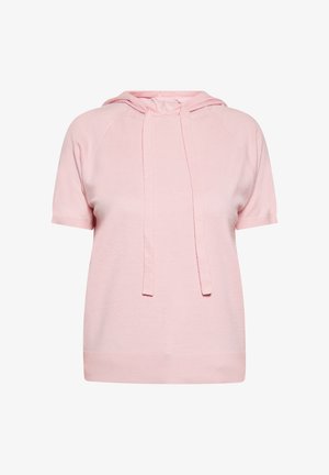 Roosa lühikeste varrukatega kapuutsiga särk, mis on valmistatud pehmest kangast, ning millel on nöörikesed kaela ümber ja soonikkoes äär variant taljes.