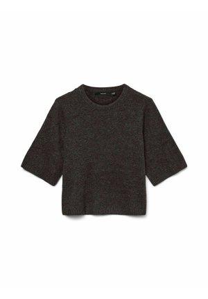 T-paidat, tummanharmaa neule, pyöreä kaula-aukko, neulottu rakenne ja hienovarainen pilkullinen kuvio. Muotoiltu tyyli, jossa on rento siluetti.