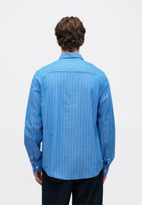 Mann med krøllete hår som har på seg en blå langermet skjorte med hvite vertikale striper, sett bakfra mot en ensfarget bakgrunn.