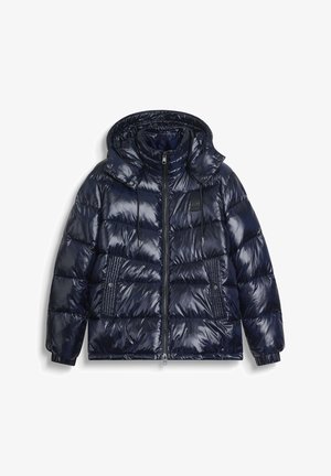 Chaqueta acolchada de puffer brillante azul marino con capucha, cremallera frontal, cordones, bolsillos acolchados con botones a presión y puños elásticos.