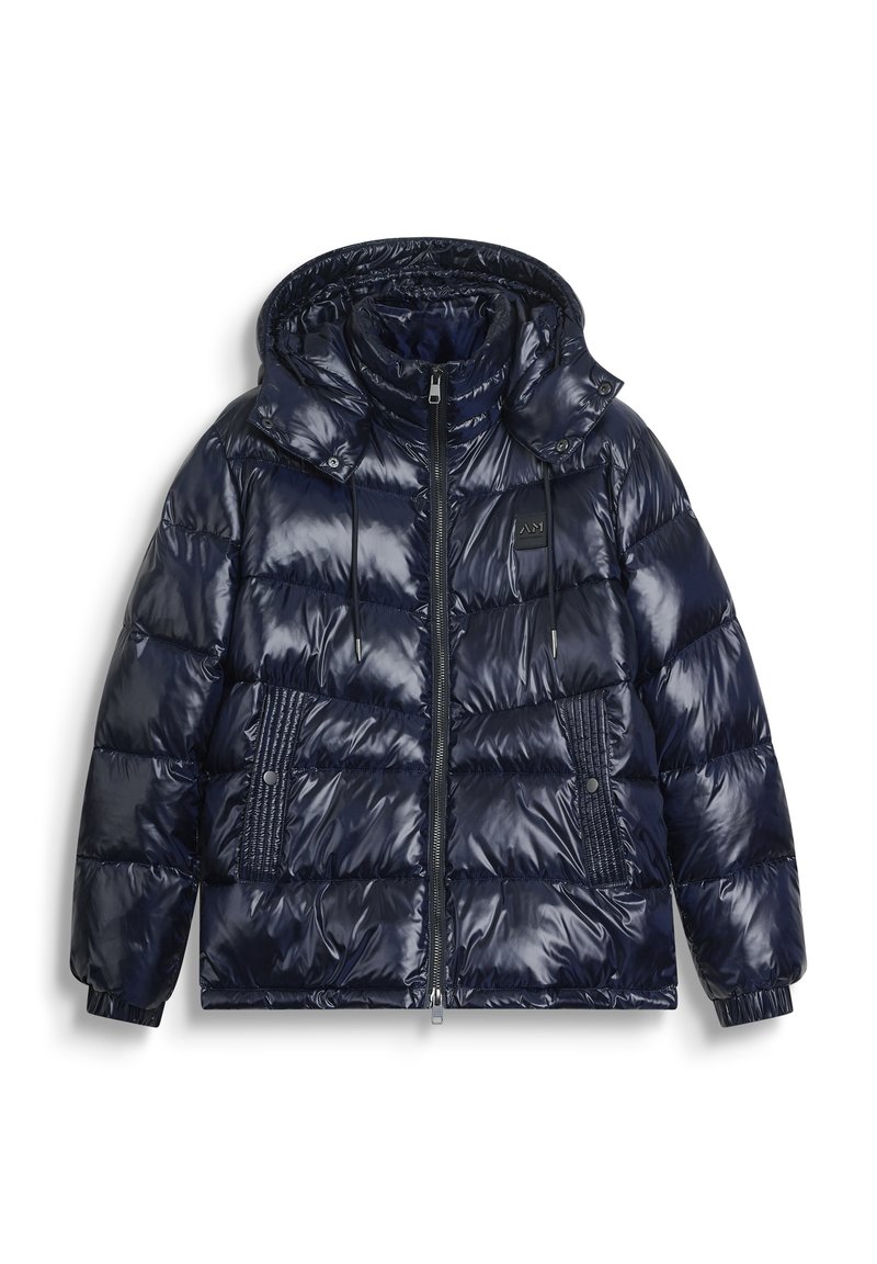Giacca a vento trapuntata blu navy lucida, con cappuccio, zip frontale, cordini, tasche imbottite con bottoni a pressione e polsini elasticizzati.