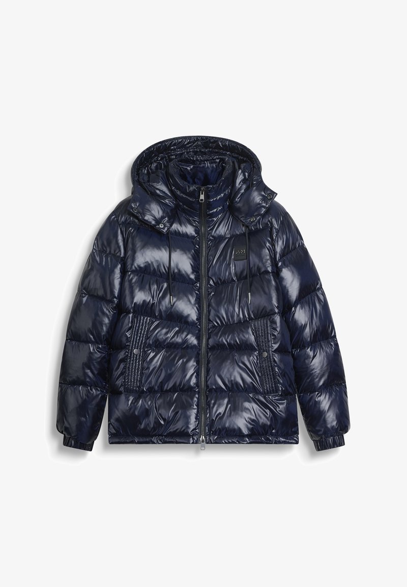 Giacca a vento trapuntata blu navy lucida, con cappuccio, zip frontale, cordini, tasche imbottite con bottoni a pressione e polsini elasticizzati.