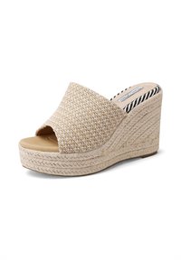 Sandali con zeppa beige dal design aperto sulla punta, tomaia in tessuto intrecciato e piattaforma rivestita in juta. Dettaglio di fodera interna a righe bianche e nere.