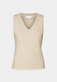 Vaaleanbeige ilmanhihaista neuletta, jossa on ribbikuviointi, syvä V-pääntie ja slim fit -design. Neuleessa on myös hienovaraisia värivaihteluita.