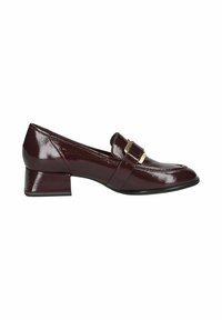 Burgundy patent leather low-heeled loafers with a square toe and a decorative strap featuring gold-tone hardware. Smooth texture.