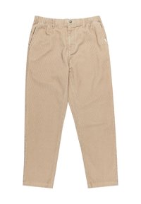 Beige corduroy pants with an elastic waistband, straight-leg design, front pockets, and a subtle stripe texture.