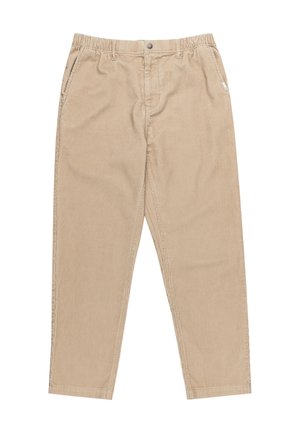 Pantalons en velours côtelé beige avec une taille élastique, coupe droite, poches avant et une texture à rayures discrètes.