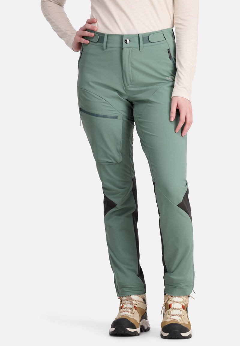 Wasserabweisende grüne Wanderhosen mit schwarzen Akzenten, ausgestattet mit Taschen und einer schmalen Passform. Entwickelt für Outdoor-Aktivitäten.