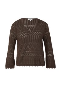 Brązowy sweter z dzianiny z dekoltem w kształcie litery V, rękawami o długości 3/4 i falbaniastym wykończeniem. Charakteryzuje się różnorodnymi wzorami dzianiny oraz otwartymi ściegami w całej konstrukcji.