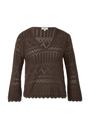 Pull en maille marron avec décolleté en V, manches trois-quarts et ourlet festonné. Présente des motifs de tricot variés et des mailles ouvertes à travers l'ensemble.