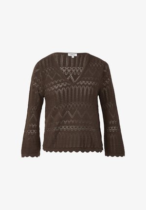 Brązowy sweter z dzianiny z dekoltem w kształcie litery V, rękawami o długości 3/4 i falbaniastym wykończeniem. Charakteryzuje się różnorodnymi wzorami dzianiny oraz otwartymi ściegami w całej konstrukcji.