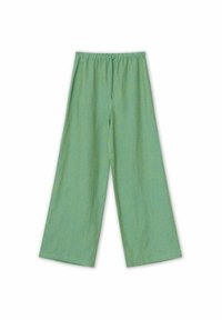 Pantaloni ampi verde chiaro realizzati in un tessuto testurizzato. Presentano un bordo elasticizzato con cordino e senza motivi visibili.