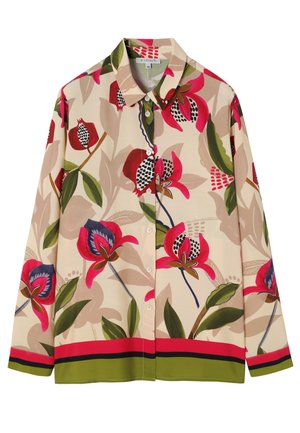 Beige button-up shirt with long sleeves, featuring large red and pink floral prints, green leaves, and red and olive stripes along the hem and cuffs.