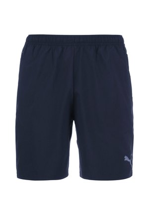 Shorts de sport bleu marine en tissu léger, dotés d'une taille élastique et d'un logo imprimé sur le bas à gauche.