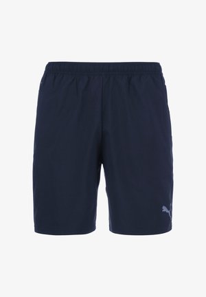 Marineblaue Sportshorts aus leichtem Material mit einem elastischen Bund und einem aufgedruckten Logo auf der unteren linken Seite.
