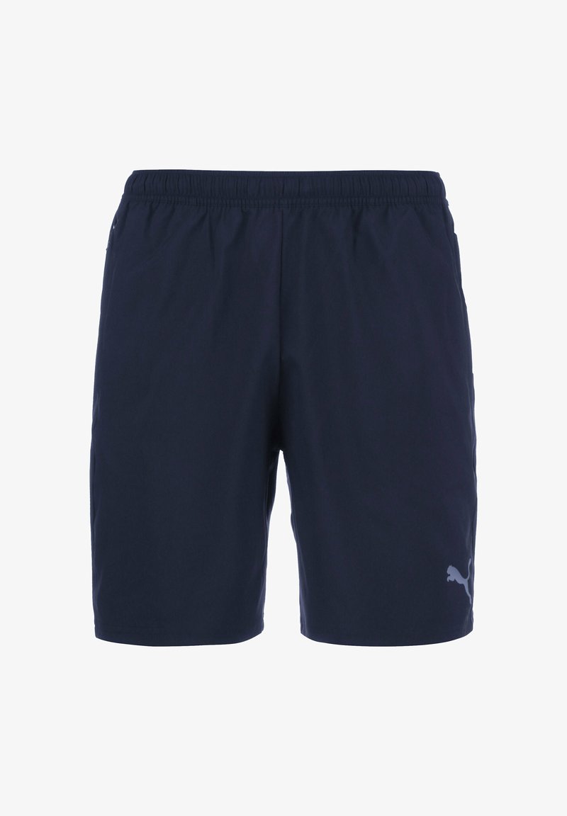 Shorts de sport bleu marine en tissu léger, dotés d'une taille élastique et d'un logo imprimé sur le bas à gauche.