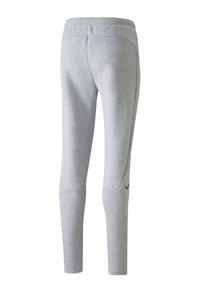 Grijze sportleggings met een aansluitend ontwerp, elastische tailleband en subtiele zwarte logo op het onderbeen. Zachte stof met een lichte textuur.