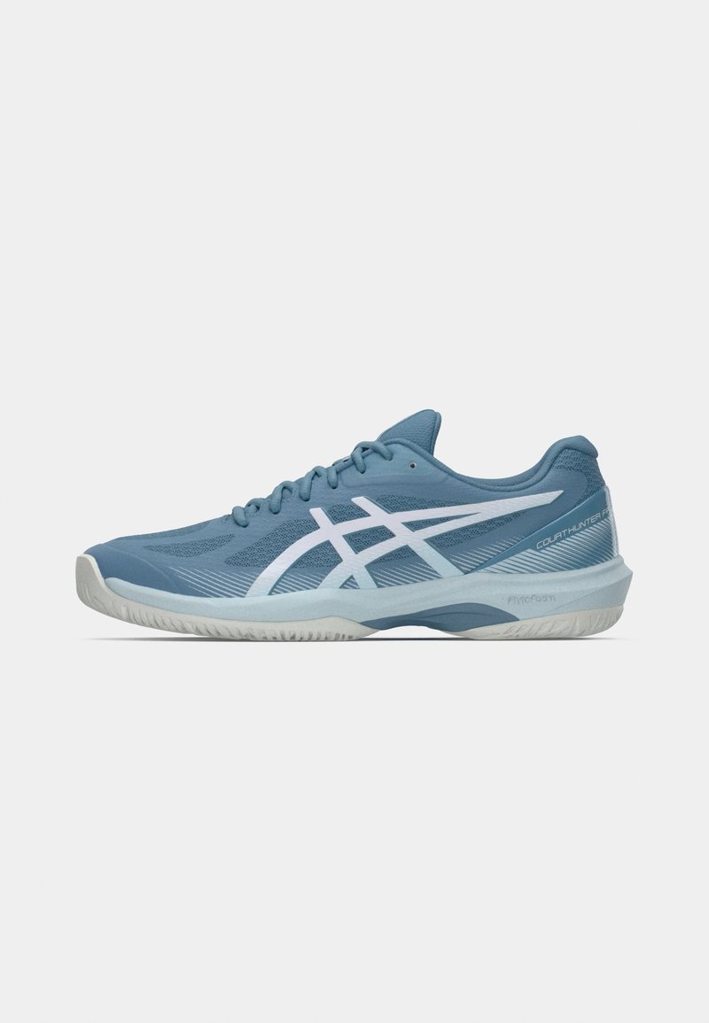 Blue athletic shoe with mesh upper, white accents, textured design, and curved sole. Features prominent logo on the side and rear.