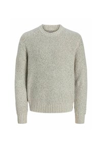 Suéter de punto gris claro con textura de canalé, cuello redondo y mangas largas. Presenta un patrón moteado sutil en toda su superficie.