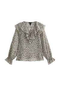 Blusa floreale in bianco e nero caratterizzata da un colletto arricciato, maniche lunghe con polsini arricciati e un tessuto leggero e fluido.