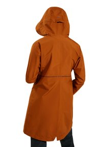 Long, fitted raincoat in burnt orange, made from water-resistant material, with a hood and back vent detail. Smooth texture, minimal design.