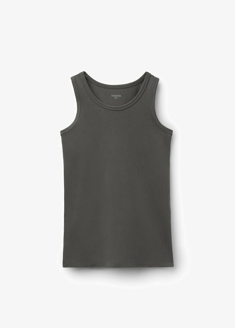 Ciemnoszara bezrękawnik dla dzieci, rozmiar 6-7, z okrągłym dekoltem i widocznymi szwami na krawędziach.