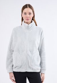 Veste en polaire gris clair avec un col montant, fermeture éclair à l'avant et poches latérales. Texture douce avec une coupe décontractée et des manches légèrement oversized.