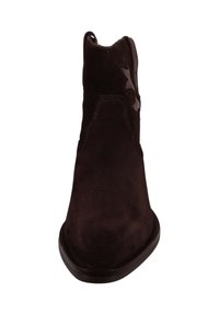 Ciemnobrązowy zamszowy botek z ostrym noskiem, ozdobą w kształcie gwiazdy oraz niskim, płaskim obcasem. Gładka faktura z przeszyciami.