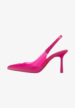Rosa hochhackige Slingback-Schuh mit spitzem Zehenbereich, transparenten Einsätzen, glänzender Oberfläche und schmalem Stiletto-Absatz.