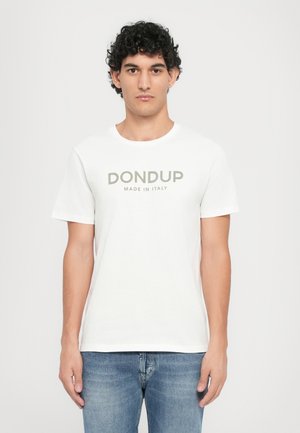White short-sleeve t-shirt featuring a crew neck and "DON DUP MADE IN ITALY" logo in a subtle gray shade, made from soft cotton fabric.