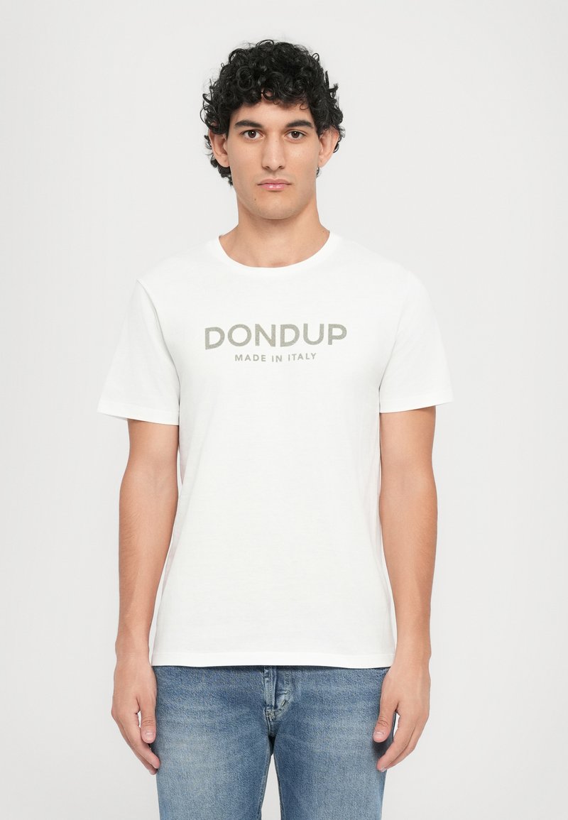 White short-sleeve t-shirt featuring a crew neck and "DON DUP MADE IN ITALY" logo in a subtle gray shade, made from soft cotton fabric.