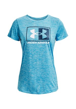 Blauw sport T-shirt met korte mouwen en gemêleerde structuur, met een verdeeld blauw-wit Under Armour-logo en merknaam op de voorkant.