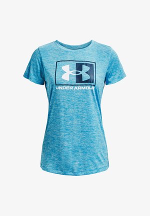 Sininen lyhythihainen urheilupaita, jossa meleerattu pinta, edessä jaettu sininen ja valkoinen Under Armour -logo ja tuotemerkin nimi.