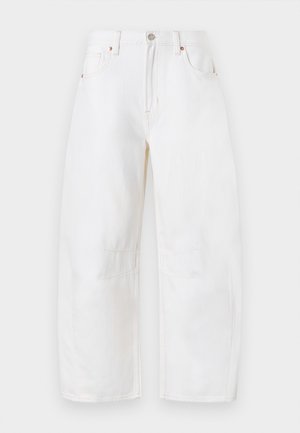 White, wide-leg denim jeans with a button closure, five pockets, and subtle stitching details. Soft texture and casual design. No visible distressing.