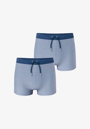 Dos pares de bañadores azules con estampado, con cinturillas azul marino y cordones azules, mostrados sobre un fondo blanco.