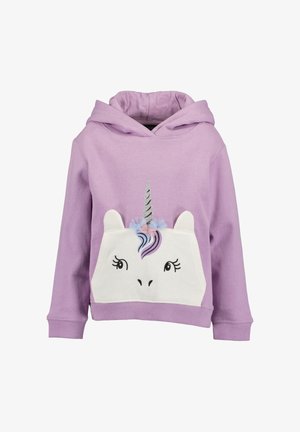 Lilla børne-hoodie med en hvid enhjørning på lommen foran, med ører, øjne, et glitrende horn og pastelfarvede manedetaljer.
