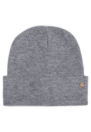 Bonnet tricoté gris clair avec revers plié et petite étiquette ronde marron portant la mention « Esprit » sur le côté du revers.