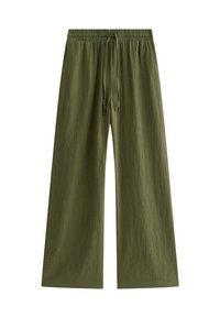 Wide-leg pants in olive green, made from lightweight fabric. Features an elastic waistband with a drawstring for adjustable fit.