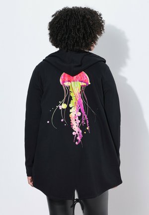 Black hoodie with long sleeves, featuring a colorful jellyfish graphic on the back in pink, yellow, and green, rounded hem, and adjustable tie.