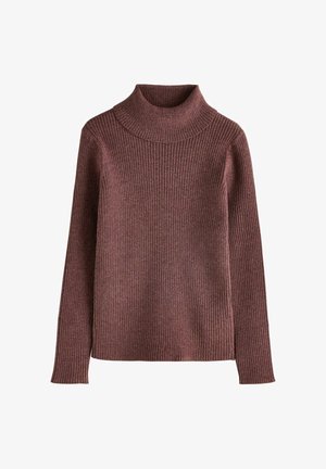Langärmeliger, gerippter Strickpullover in gedämpftem Braun mit hohem Rundhalsausschnitt, flach auf weißem Hintergrund dargestellt.