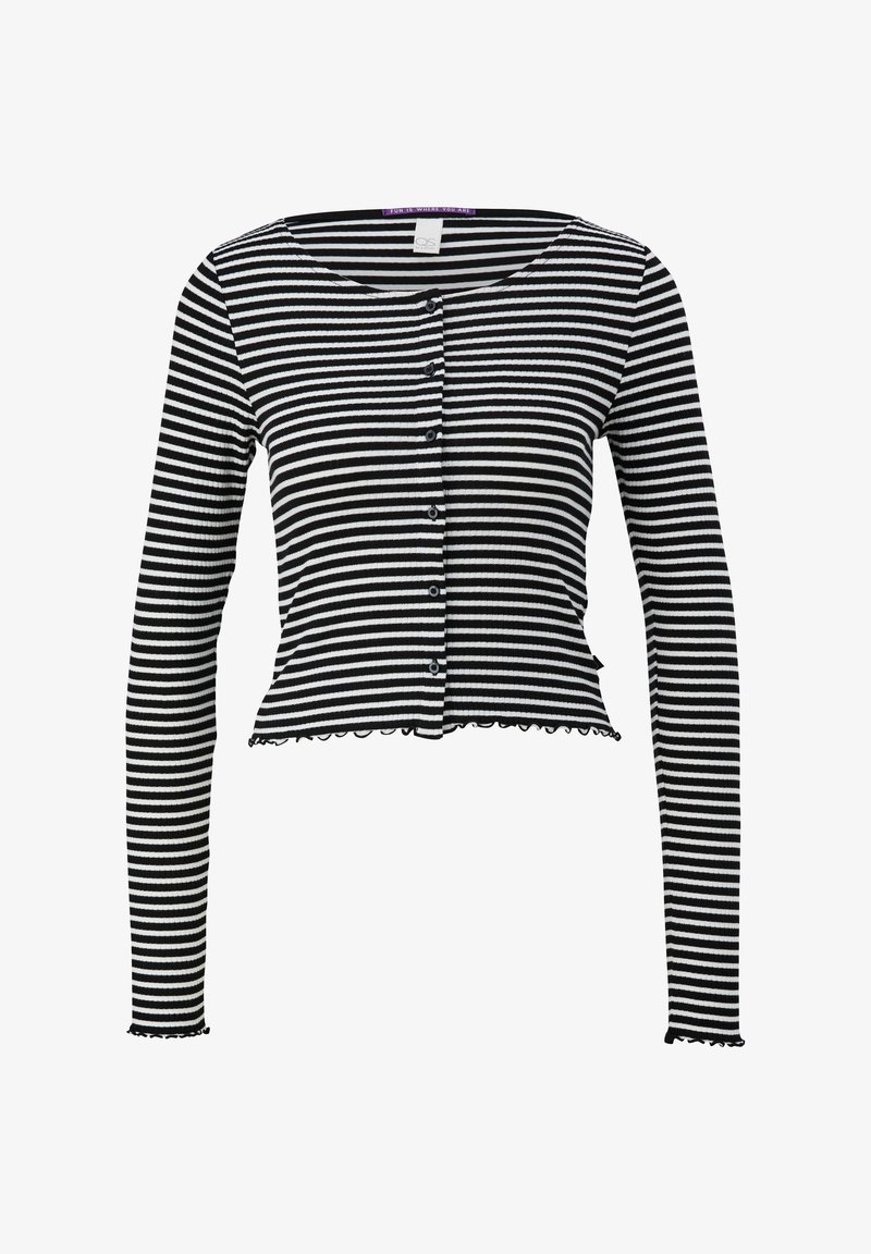 Crop top à rayures horizontales noires et blanches à manches longues avec boutons et ourlets ondulés aux manches et en bas.