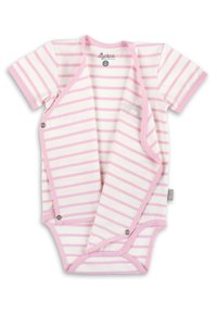 Short-sleeve baby bodysuit in cream with light pink horizontal stripes, featuring snap closures along the front and bottom for easy dressing.