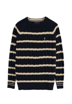 Suéter de punto con cuello redondo azul marino, con rayas horizontales beige y un pequeño logo bordado de un jugador de polo en beige en el pecho.