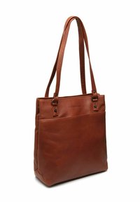 Borsa a tracolla in pelle marrone con doppi manici e una tasca frontale sottile su sfondo bianco.