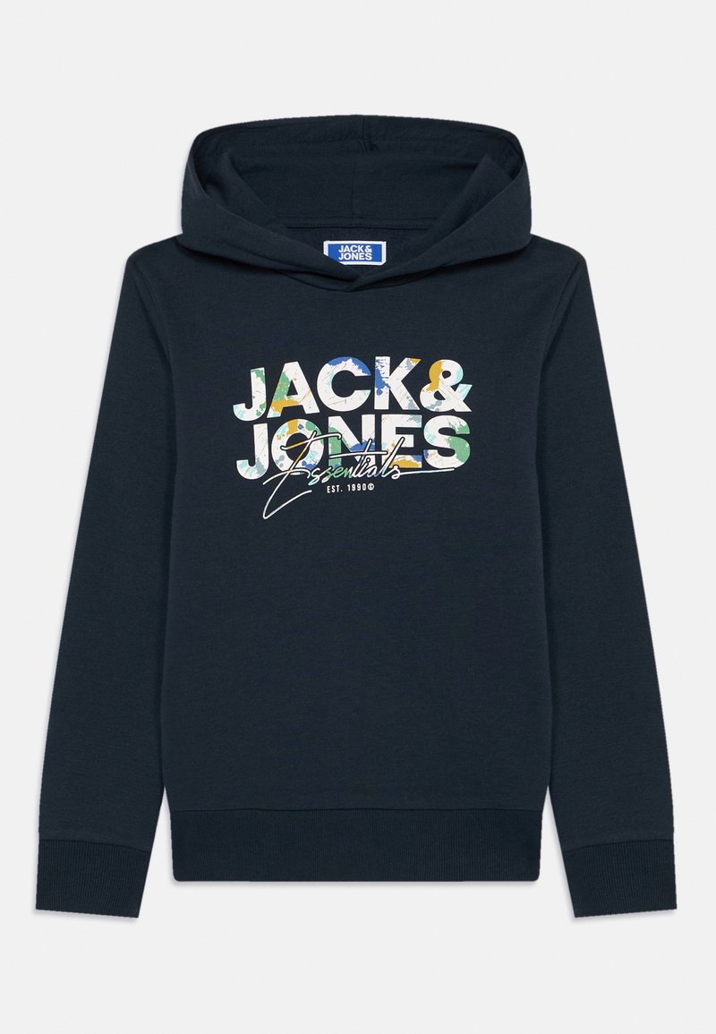 Sweatshirt azul marinho feito de tecido de algodão misto, apresentando uma impressão gráfica colorida de "JACK & JONES" e "Essentials" na frente, com punhos canelados.