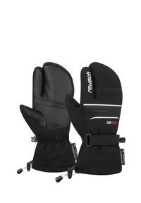 Sorte isolerede vanter med læderpalm, justerbar håndledsrem og elastiske manchetter. Har "SoftSHELL" branding og dobbeltlags konstruktion.