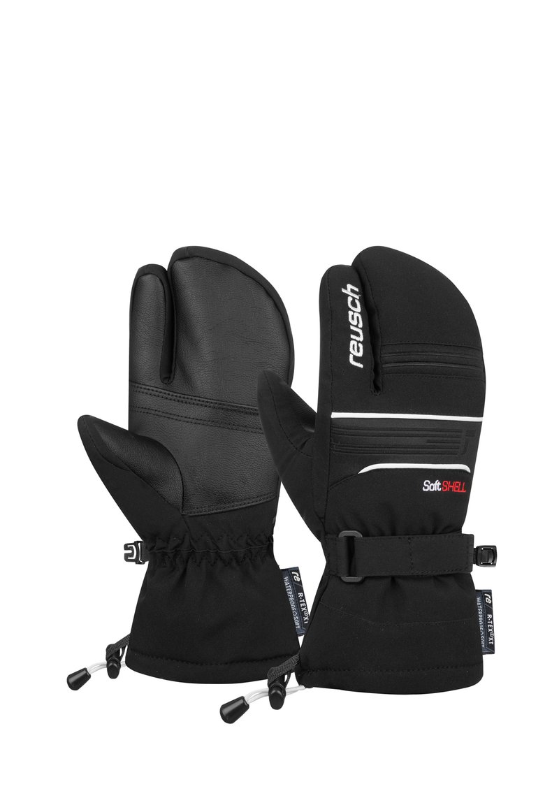 Sorte isolerede vanter med læderpalm, justerbar håndledsrem og elastiske manchetter. Har "SoftSHELL" branding og dobbeltlags konstruktion.